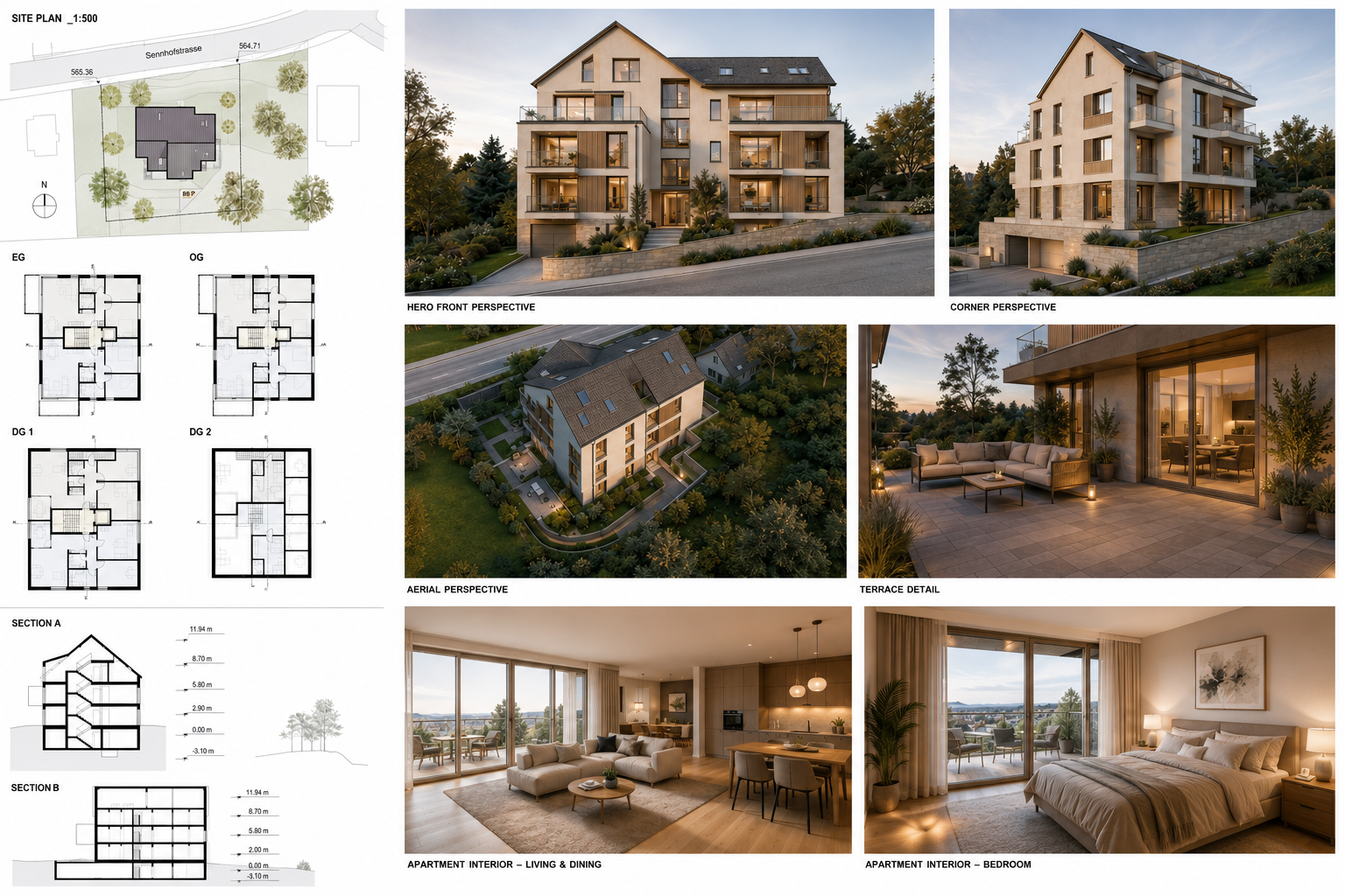 Architectural site plan, building floor plans, two exterior views, terrace, and modern apartment interiors.